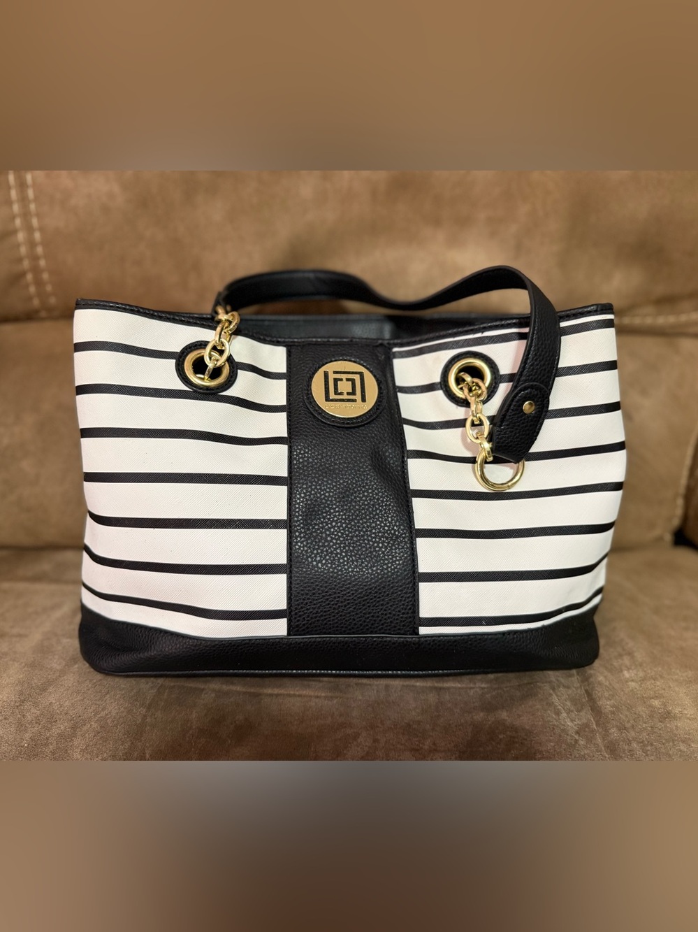 Liz Claiborne Black and White Striped Tote with Gold Accents